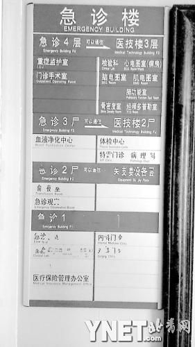 本报讯日前，市民反映望京医院急诊部四层指示牌字迹多处毁坏，“层”变“尸”，就诊病患看了哭笑不得。